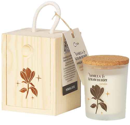 HIMALAYA CANDLE LITTLE BOX LEGNO SERENITY FIORE VANIGLIA & FRAGOLA 70 G - lepimpinelle.it